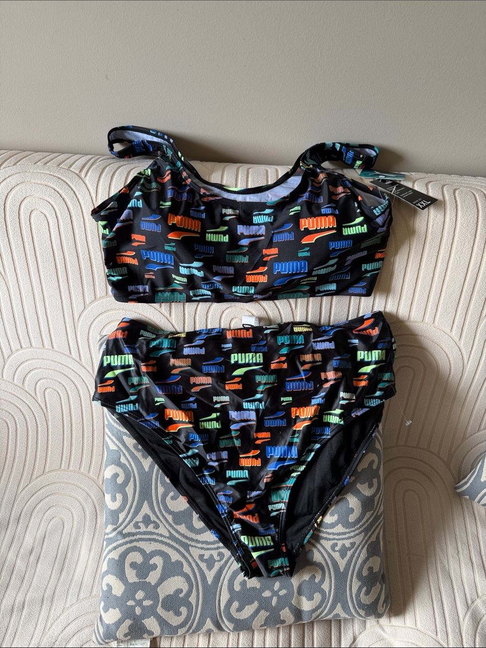Puma women' Black Bikini with Neon Multicolor Logo Print